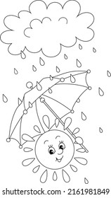 Cute Little Sun Hiding From A Rain Cloud Under A Striped Toy Umbrella, Black And White Outline Vector Cartoon Illustration For A Coloring Book Page