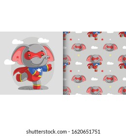 Cute little super hero elephant seamless pattern and illustration card