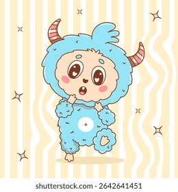 Cute Little surprised Monster. Funny Cartoon kawaii Character on Groovy Distorted Stripe Background. Vector illustration. Kids collection for sticker, mascot and design