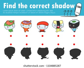 Cute little Sushi,Find the correct shadow. Educational game for children, Shadow Matching Game for kids, Visual game for kid. Connect the dots picture,Education Vector Illustration.
