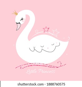 Cute little swan princess on pink background. Trendy style vector.