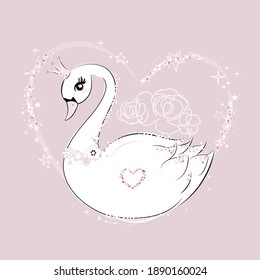 Cute little swan princess on pink background. Trendy style vector.