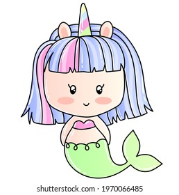 Cute little sweet girly princess cartoon mermaid. Sticker for kids. Sea world. Vector. Isolated from the background.
