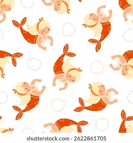 Cute little swimming mermaids with stylized pearls. Seamless vector pattern with playful design for children's textile
