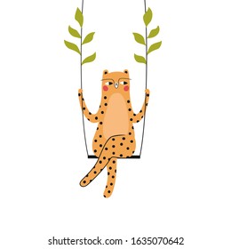 Cute little swinging leopard with green plant leaves. Trendy childish animal design. Suitable for apparel prints, greeting cards, posters. Funny cartoon vector illustration for kids. 