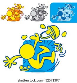 Cute little Symbol man feature English idioms, don't put all your eggs in one basket, when step on a banana skin will fall down and break all the eggs.