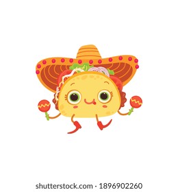 Cute little taco cartoon character wearing a mexican hat and playing maracas, flat vector illustration isolated on white background. Creative image of Mexican tacos.