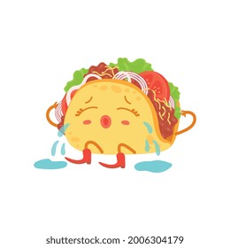 Cute little taco character sitting and crying. Mexican traditional meal full of ingredients emotions, flat cartoon vector illustration isolated white background