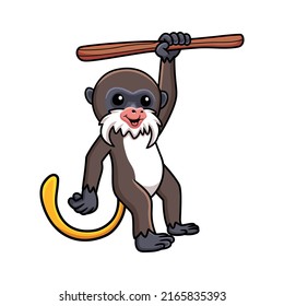 Cute little tamarin monkey cartoon hanging on tree