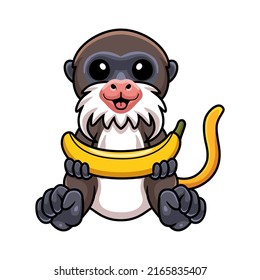 Cute little tamarin monkey cartoon holding banana