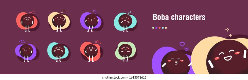 Cute little tapioca characters with different emoji. Love, smiling, angry, sleepy, hug bubbles. Assian pearl milk tea drink like cassava or shrub. Kawaii boba for packaging design. Isolated vector