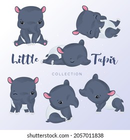 Cute little tapir clipart collection in watercolor illustration	

