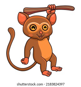 Cute little tarsier cartoon hanging on tree