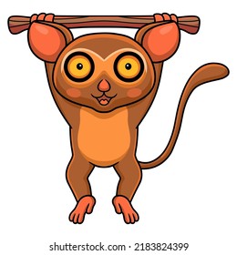 Cute little tarsier cartoon hanging on tree