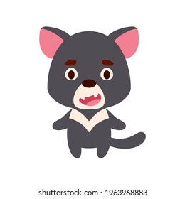 Cute little tasmanian devil on white background. Cartoon animal character for kids cards, baby shower, birthday invitation, house interior. Bright colored childish vector illustration.