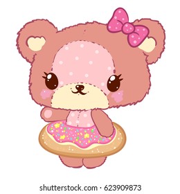 Cute little teddi bear girl in donut. Children's character. Toy.