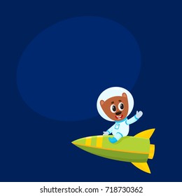 Cute little teddy bear astronaut, spaceman character riding a rocket, cartoon vector illustration with space for text. Baby teddy bear astronaut, spaceman in spacesuit riding rocket in space