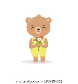 A cute little teddy bear in baby overalls stands on a white background and holds a beautiful spring bouquet of tulips and daisies in his hands. Doodle vector illustration with kawaii animal character