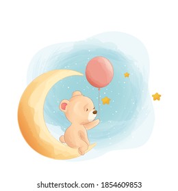 Cute Little teddy bear and ballon cartoon illustration watercolor animals Isolated on white background