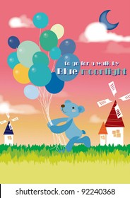Cute little Teddy Bear and a bunch of Balloons on pink sky background