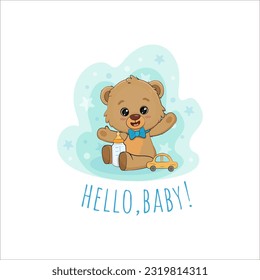 Cute little teddy bear, cartoon animal character. Poster for baby room, baby shower, greeting card. Nursery illustration. Vector