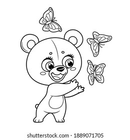Cute little teddy bear catch butterflies outline drawing for coloring on a white background 