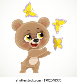 Cute little teddy bear catch butterflies isolated on a white background