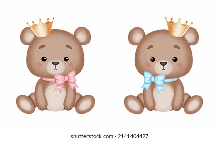 Pequeño oso oso de peluche con corona y cinta adhesiva. Diseño vectorial de estilo de acuarela