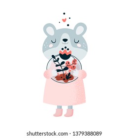 Cute little teddy bear with flowers. Greeting card. Happy birthday, mothers day, woman day. Flat Illustration for kids game, book, t-shirt, card, print, poster, decoration and textile. Isolated vector