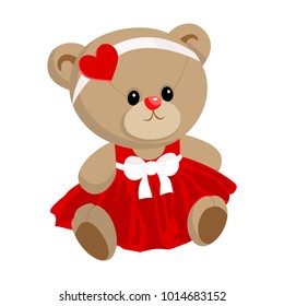 Cute little teddy bear girl, wearing beautiful red dress with white bow, nice decoration for baby birthday, baby shower, little girls party invitation, valentines day postcard, kids clothes print.