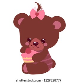 Cute little teddy bear girl with pink cake for valentine's day or birthday. Nice sticker or card for your loved ones.