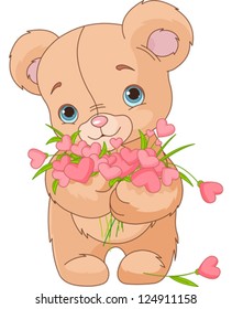 Cute little Teddy bear giving bouquet made hearts
