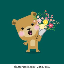 Cute little Teddy bear giving a bouquet