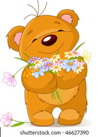 Cute little Teddy bear giving bouquet