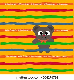 Cute little teddy bear hanging between stripes. Vector illustration.