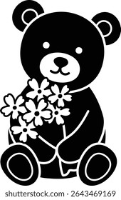 Cute little teddy bear holding bouquet silhouette vector. 
For celebrating Valentine's Day, wedding or birthday.
Valentine's Day icon element Isolated.