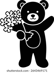 Cute little teddy bear holding bouquet silhouette vector. 
For celebrating Valentine's Day, wedding or birthday.
Valentine's Day icon element Isolated.