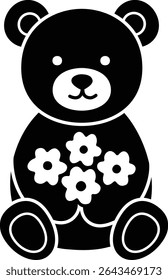 Cute little teddy bear holding bouquet silhouette vector. 
For celebrating Valentine's Day, wedding or birthday.
Valentine's Day icon element Isolated.