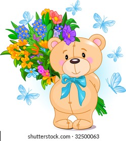 Cute little Teddy bear holding a bouquet
