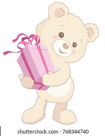 Cute Little Teddy Bear Holding a Pink Present