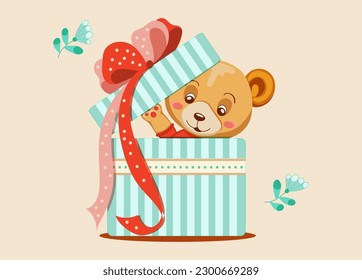 Cute little teddy bear looks out the gift box and big ribbon bow  cartoon style  Isolated design element greeting card  mother's day  valentine's day  birthday  baby shower  invitation  