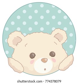 Cute Little Teddy Bear Peeking from a Polka Dot Patterned Circle