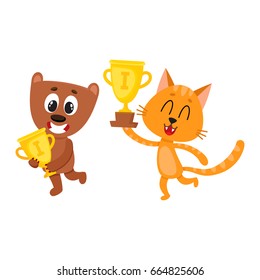 Cute little teddy bear and red characters, champions holding golden winner cups, cartoon vector illustration isolated on white background. Little baby bear and cat animal champions with winner cups