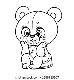 Cute little teddy bear sitting on the pot outline drawing for coloring on a white background