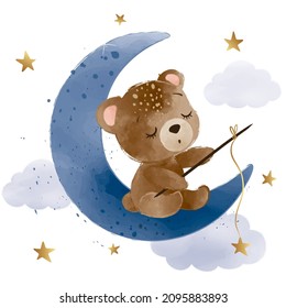 Cute little teddy bear is sitting on the moon and catching stars, vector illustration, kids fashion artworks, baby graphics for wallpapers and prints.