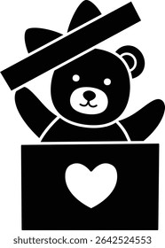 Cute little teddy bear sitting in gift box silhouette Icon Isolated. 
Bear sitting in gift box black silhouette vector.
 For celebrating Valentine's Day, wedding or birthday. 
Valentine's Day icon ele