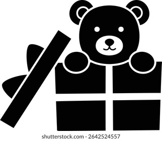 Cute little teddy bear sitting in gift box silhouette Icon Isolated. 
Bear sitting in gift box black silhouette vector.
 For celebrating Valentine's Day, wedding or birthday. 
Valentine's Day icon ele
