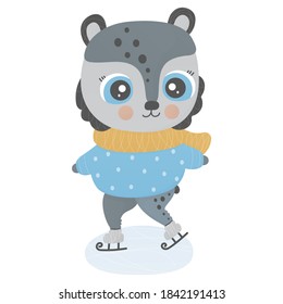 A cute little teddy bear is skating on ice. Outdoor recreation on a white background. Christmas isolated baby illustration. Winter cartoon theme. Character for print, design, sticker, textile. Vector.