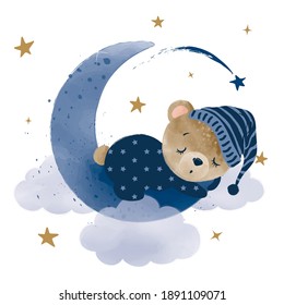 Cute little teddy bear sleeping on the moon, vector illustration, kids fashion artworks, baby graphics for wallpapers and prints.