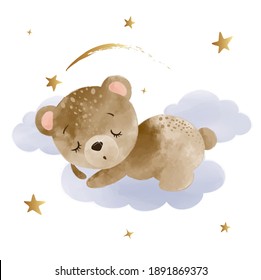 Cute little teddy bear sleeping on cloud, vector illustration, kids fashion artworks, baby graphics for wallpapers and prints.